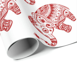 Papier Cadeau Eléphane Floral Mignonne En Rouge Bourgogne Blanc