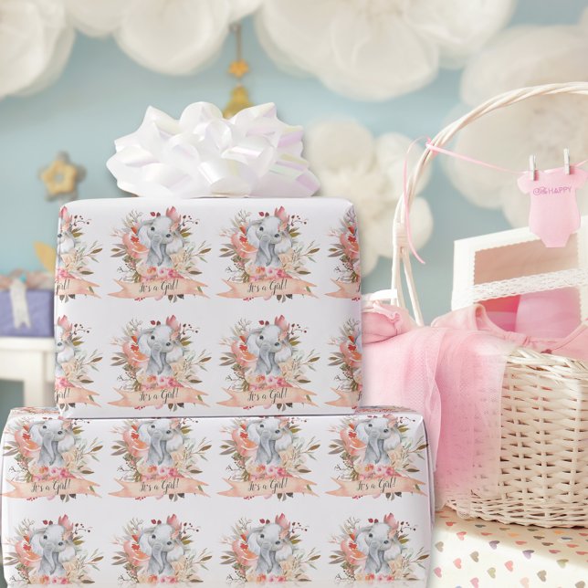 Papier Cadeau Elephant Baby shower Boho Chic Coral Aquarelle (Créateur téléchargé)