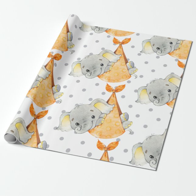 Papier Cadeau Elephant Cub Cute Nursery Baby Gift New Born (Déroulé)