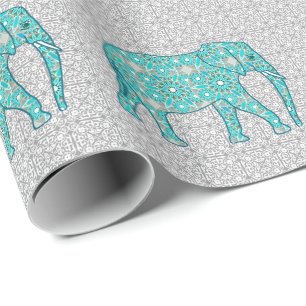 Papier Cadeau Eléphant fleur Mandala - turquoise, gris & blanc