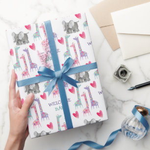 Papier Cadeau Eléphant girafe et Baby shower cardiaque