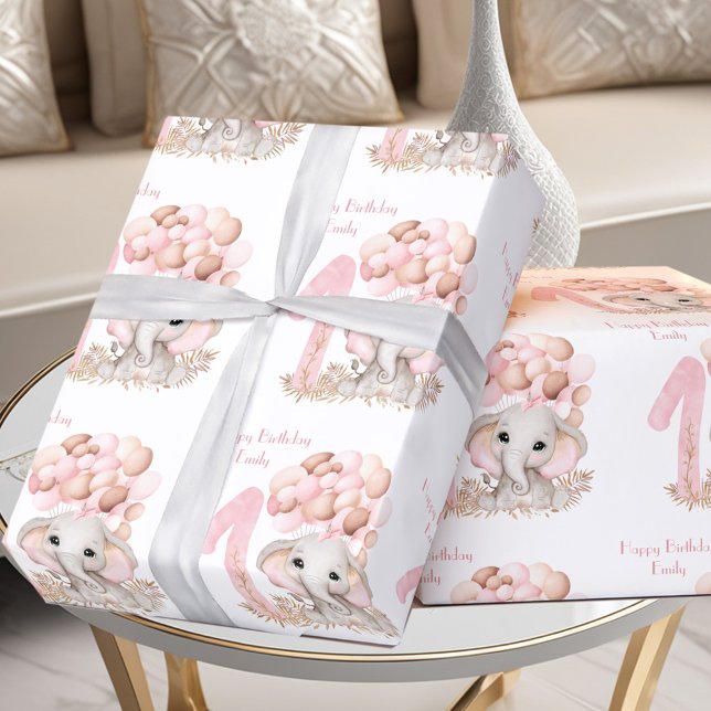 Papier Cadeau Eléphant mignon 1er Anniversaire Fille rose Person (Cute Elephant 1st Birthday Girl Pink Personalized Wrapping Paper)