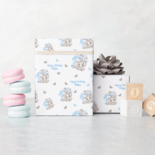 Papier Cadeau Eléphant mignon 1er anniversaire Garçon bleu Per