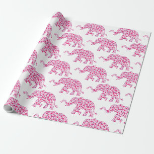 Papier Cadeau Eléphant mignon composé de Petits Coeurs Roses
