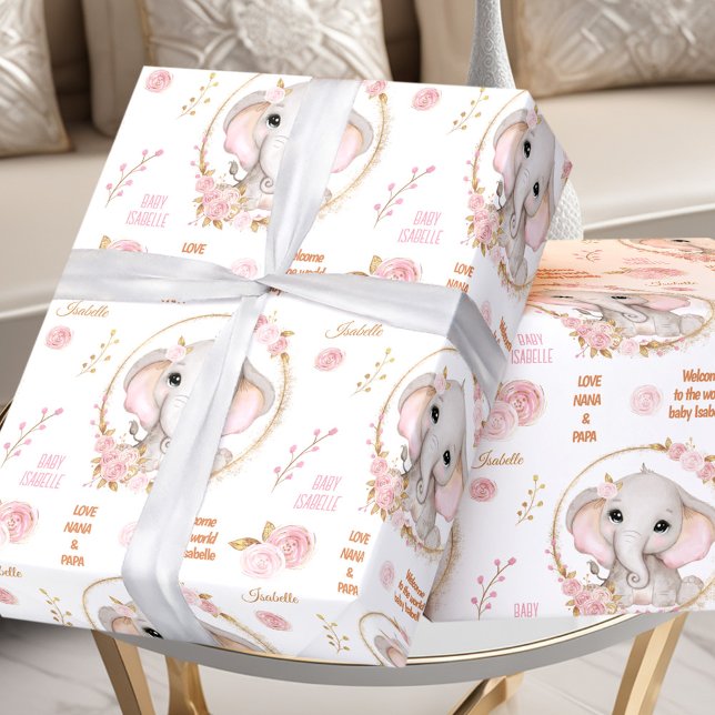 Papier Cadeau Eléphant mignon Floral Blanc rose Fille Nom Texte (Cute Elephant Floral White Pink Girl Name Text Wrapping Paper)