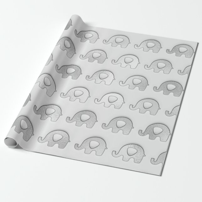Papier Cadeau Eléphants Argent Baby shower Garçon Fille Gris Gri (Déroulé)