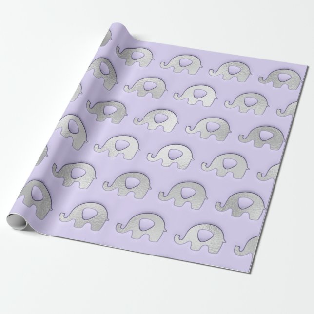 Papier Cadeau Eléphants Argent Baby shower Garçon Lavande Gris G (Déroulé)