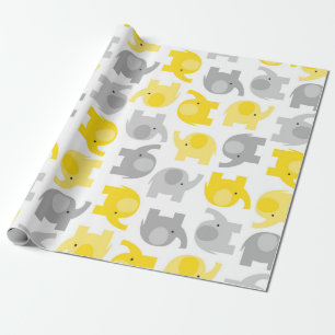 Papier Cadeau Eléphants Bébé Jaune et Gris mignonne Enveloppemen
