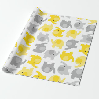Papier Cadeau Eléphants Bébé Jaune et Gris mignonne Enveloppemen