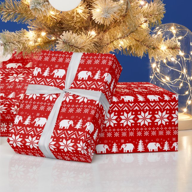 Papier Cadeau Eléphants blancs Noël Motif rouge (Vacances)