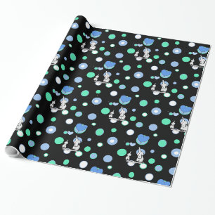 Papier Cadeau Eléphants Bleus Bleus Noir tenant des Ballons Cade