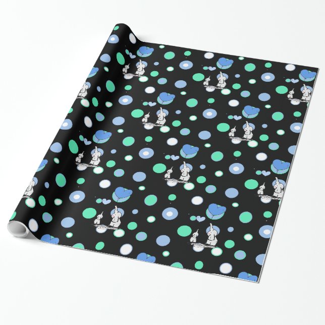 Papier Cadeau Eléphants Bleus Bleus Noir tenant des Ballons Cade (Déroulé)