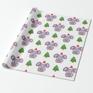 Papier Cadeau Eléphants de Noël mignons et arbres de Noël