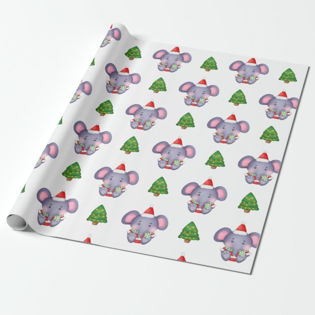 Papier Cadeau Eléphants de Noël mignons et arbres de Noël (Déroulé)