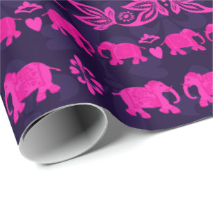 Papier Cadeau Éléphants ethniques rose et bleu