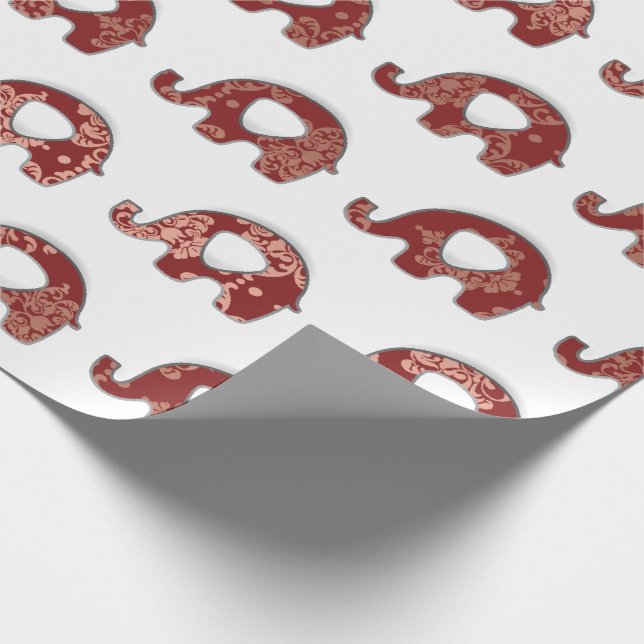 Papier Cadeau Eléphants Floral Grey Bourgogne Cuivre Oriental (Coin)