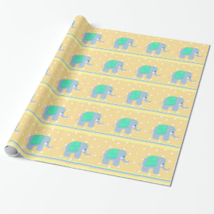 Papier Cadeau Eléphants indiens bleus avec points et bandes