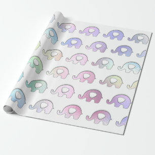 Papier Cadeau Elephants Pastel Hologramme Iridescente Blanc rose