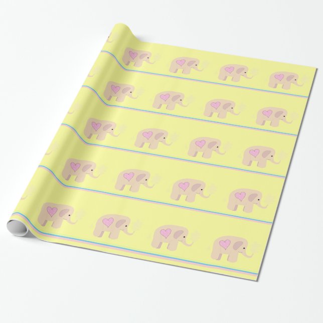 Papier Cadeau Eléphants roses avec coeur et rayures (Déroulé)