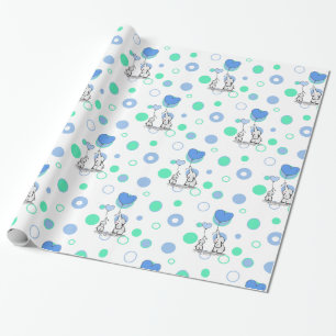 Papier Cadeau Éléphants vert-bleu blancs tenant le cadeau W de