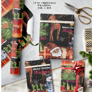 Papier Cadeau Elf Boy Personnalisé Noël Carreaux