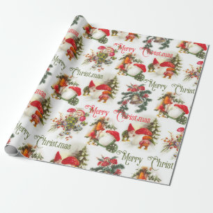 Papier Cadeau Elfes Et Champignons De Noël Vintage