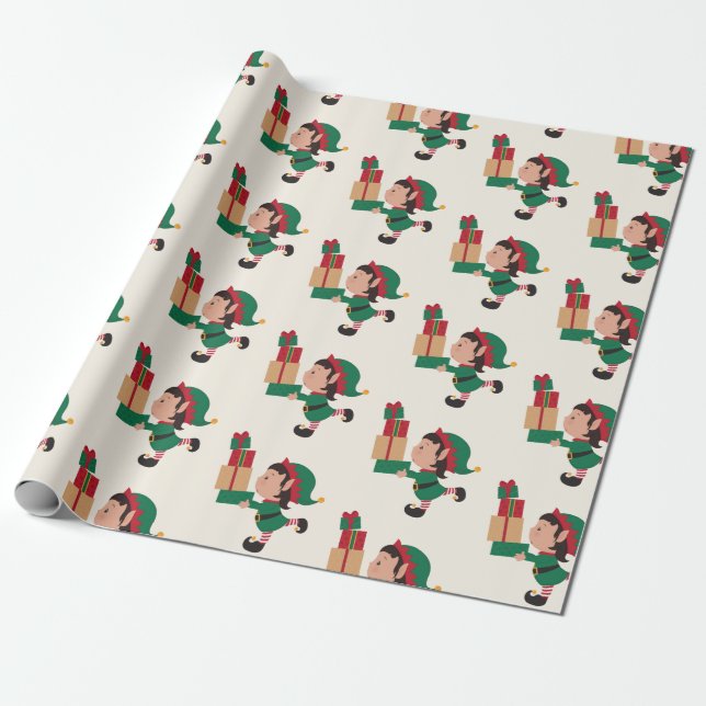 Papier Cadeau Elfes mignonnes avec cadeaux de Noël (Déroulé)