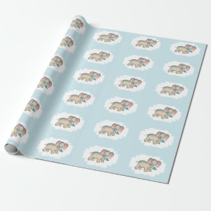 Papier Cadeau Ellie Elephant et Bluebird sur Blue