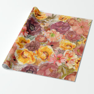 Papier Cadeau Emballage floral aquarelle orange brûlé élégant