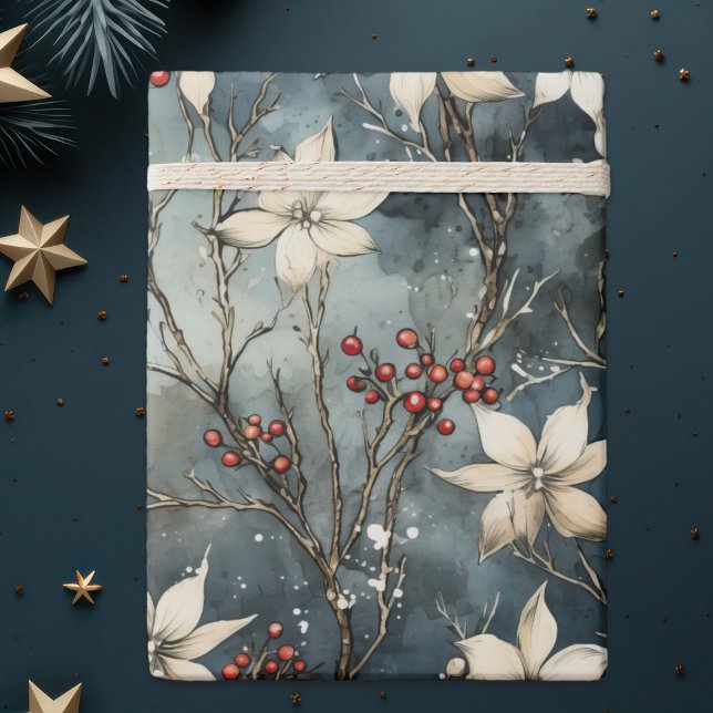 Papier Cadeau Embrassage d'hiver, Poinsettie blanche, Noël (Créateur téléchargé)