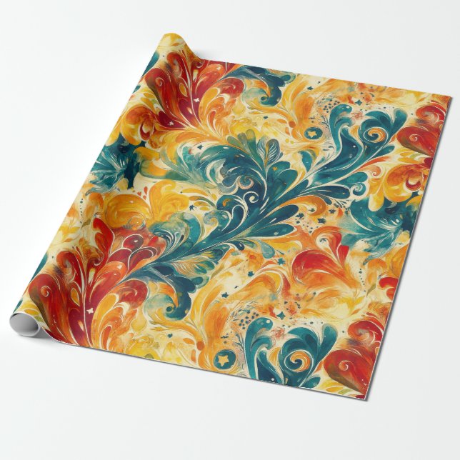 Papier Cadeau Emerald Green & Gold Abstrait Paisley Feuilles (3) (Déroulé)