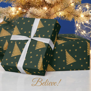 Papier Cadeau Emerald Green Parties scintillant or Xmas arbres e