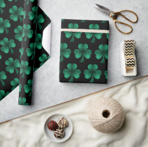 Papier Cadeau Emerald Green Sparkles Shamrock motif noir
