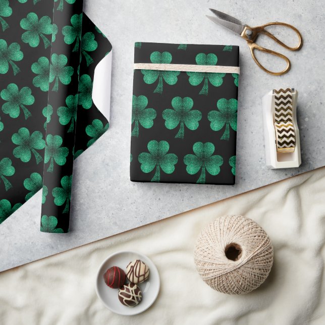 Papier Cadeau Emerald Green Sparkles Shamrock motif noir (Artisanat)