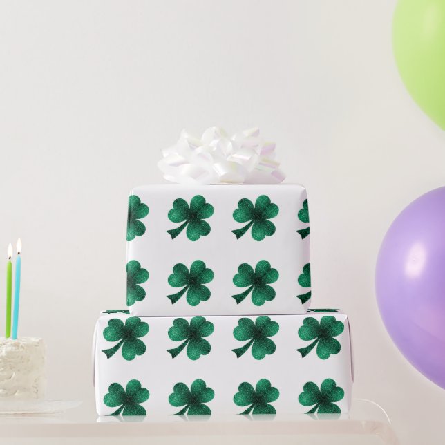 Papier Cadeau Emerald Sparkles Shamrock Clover vert blanc (Cadeaux de fête)