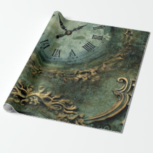 Papier Cadeau Émeraude Green Rustic Steampunk Horloge (1)