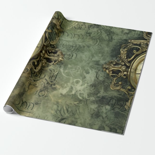 Papier Cadeau Émeraude Green Rustic Steampunk Horloge (4) (Déroulé)