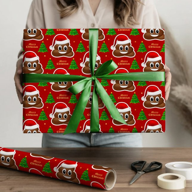 Papier Cadeau émoticône de noël avec papier d'emballage de chape (christmas poop emoji with santa hat wrapping paper)