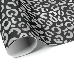 Papier Cadeau Empreinte de léopard noir glam argent