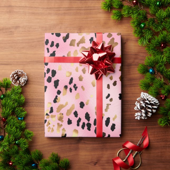 Papier Cadeau Empreinte de léopard noir rose or (Cadeau de vacances)