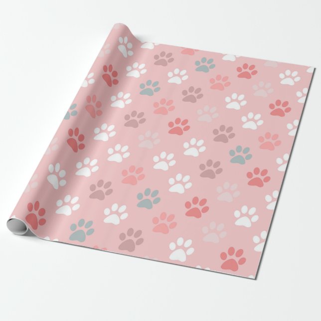 Papier Cadeau Empreinte de patte animal de compagnie - rose (Déroulé)