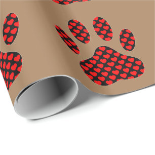 Papier Cadeau Empreinte de patte Chien Avec Coeurs Sur Brown