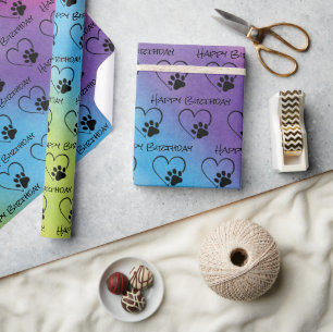 Papier Cadeau Empreinte de patte d'anniversaire avec le coeur su