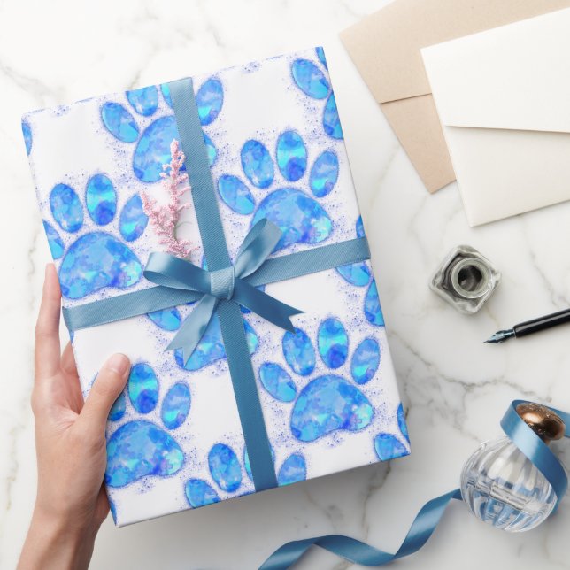 Papier Cadeau Empreinte de patte d'aquarelle bleu (Cadeaux)
