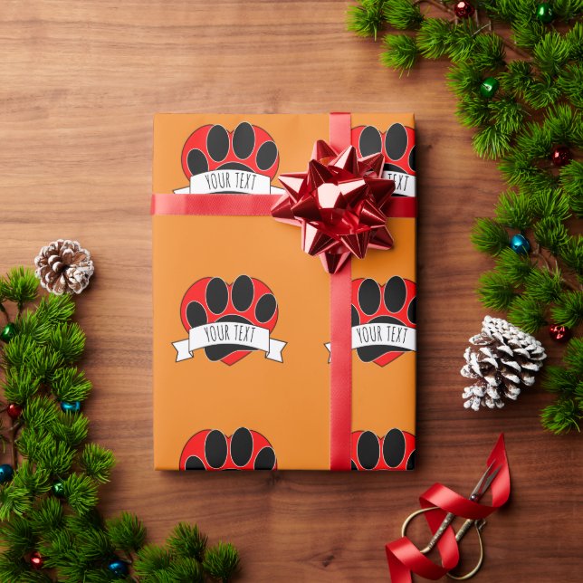 Papier Cadeau Empreinte de patte de chien Bannière de coeur roug (Cadeau de vacances)
