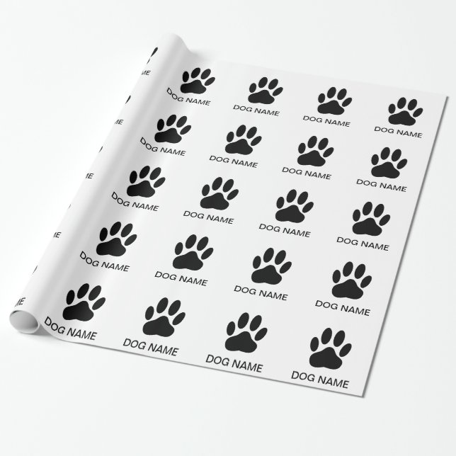 Papier Cadeau Empreinte de patte de chien noir et blanc (Déroulé)