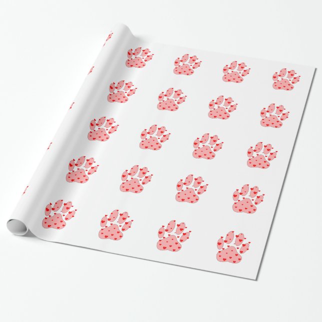 Papier Cadeau Empreinte de patte rose aux coeurs (Déroulé)
