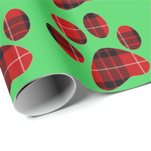 Papier Cadeau Empreinte de patte Tartan rouge et noir (Coin rond)