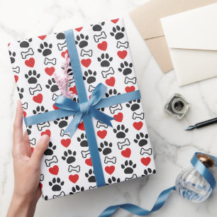 Papier Cadeau Empreintes de Patte de Chien Cœurs Rouges et Os Am