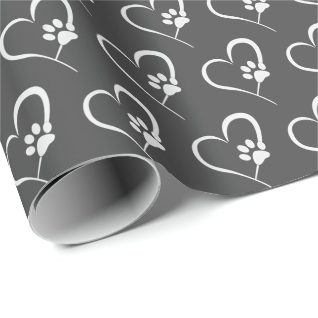 Papier Cadeau empreintes de pattes de chien blanc à coeur (Coin rond)